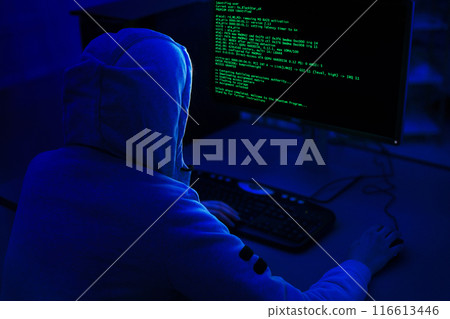 A person wearing a hooded sweatshirt sits in front of a computer with a dark background. Computer screen displays green code, indicating that the person is working on a programming or technical task. 116613446