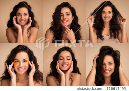 A young woman with long dark hair smiles and touches her face in six different poses. Her expression is confident and happy, her hair is styled in loose waves. The background is a simple beige. 116613493