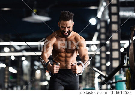 Young athletic man workout triceps on block exerciser in gym, free space 116613582