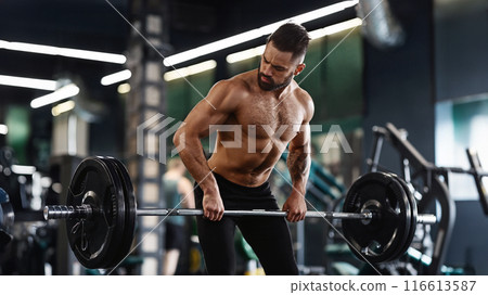 A man with a beard lifts a barbell during a workout in a modern gym. A man with a beard lifts a barbell during a workout in a modern gym. 116613587