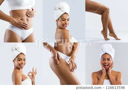 Image features a beautiful African American woman with dark skin showcasing her smooth, glowing skin after showering. Photo collage shows her from different angles, highlighting her body and face 116613596