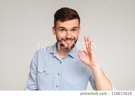 It is ok. Handsome guy wearing casual shirt showing okay gesture and smiling on grey studio background It is ok. Handsome guy wearing casual shirt showing okay gesture and smiling on grey studio background 116613628