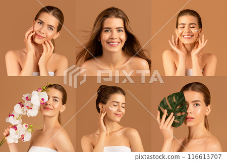 A young woman with long brown hair is shown in six different poses against a tan background. She is applying moisturizer to her face and smiling. A young woman with long brown hair is shown in six different poses against a tan background. She is applying moisturizer to her face and smiling. 116613707