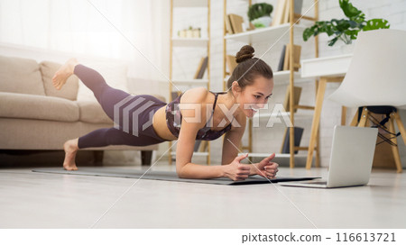 Fitness girl training yoga, watching online videos on laptop in the living room at home Fitness girl training yoga, watching online videos on laptop in the living room at home 116613721