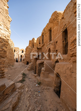 Granaries of berber fortified village, known as ksar. Ksar Mgabla, Tataouine, Tunisia Granaries of berber fortified village, known as ksar. Ksar Mgabla, Tataouine, Tunisia 116613742