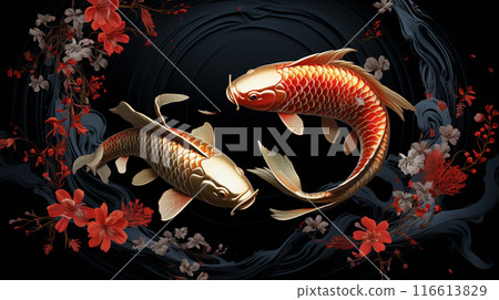 Black and red and yellow koi fish circled in a black circle , wallpaper design , Generate AI 116613829