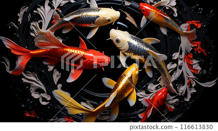 Black and red and yellow koi fish circled in a black circle , wallpaper design , Generate AI 116613830