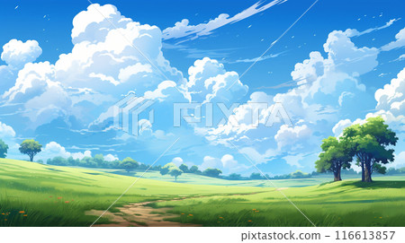 Blue sky and cloud with meadow tree. Plain landscape background for summer poster. Generate AI 116613857
