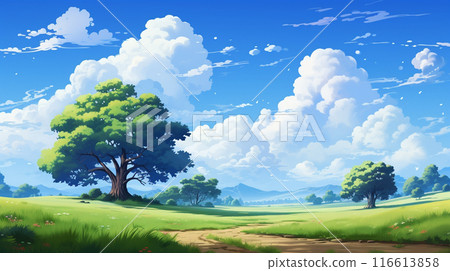 Blue sky and cloud with meadow tree. Plain landscape background for summer poster. Generate AI 116613858