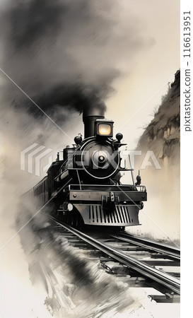 A steam locomotive racing through the mountains [AI-generated image] 116613951