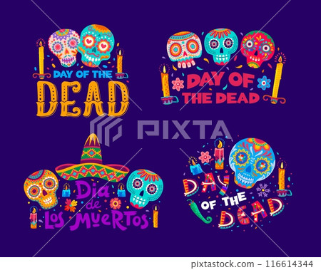 Day of the Dead lettering icons with calavera sugar skulls for Mexican holiday, vector banners. Dia De Los Muertos skeleton skulls with Mexican floral ornament in sombrero with jalapeno peppers 116614344