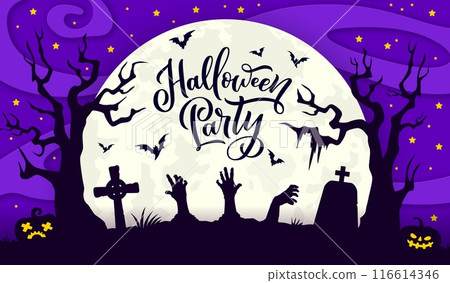 Halloween zombie hands on cemetery silhouette with paper cut midnight sky and stars. October and fall season horror event, Happy Halloween party papercut vector background with cemetery landscape 116614346