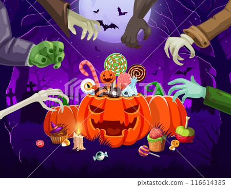Halloween cartoon character hands and sweets bucket on cemetery. Fall season horror party, autumn scary holiday or Happy Halloween celebration vector background with monsters hands, creepy candy treat 116614385