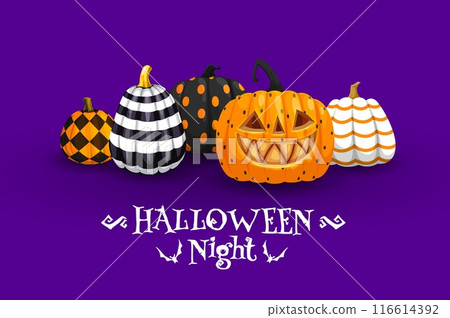 Halloween holiday banner with patterned pumpkins. Halloween night party, autumn season holiday vector poster. October horror event banner with ornate pumpkin Jack o lanterns, creepy typography 116614392