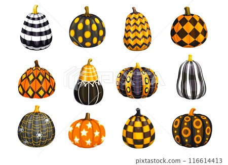Cartoon Halloween pumpkins painted with ornament for holiday horror night, vector decoration. Halloween holiday greeting card decor pumpkins with spiders, spiderweb and stars pattern ornament Cartoon Halloween pumpkins painted with ornament for holiday horror night, vector decoration. Halloween holiday greeting card decor pumpkins with spiders, spiderweb and stars pattern ornament 116614413