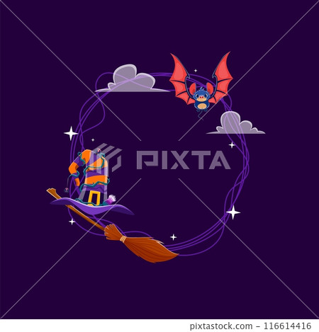 Halloween frame features a spooky bat against the night sky with star and clouds, witch hat, and a broomstick, creating an eerie atmosphere for the seasonal festivities. Vector round border for photo 116614416