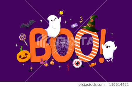 Boo Halloween banner with funny kawaii ghost characters and holiday sweets, vector background. Halloween horror night and trick or treat candy skull, eye lollipop and monster caramels in spiderweb Boo Halloween banner with funny kawaii ghost characters and holiday sweets, vector background. Halloween horror night and trick or treat candy skull, eye lollipop and monster caramels in spiderweb 116614421
