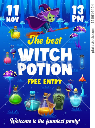 Halloween witch party flyer with funny witch and potion bottles. vector invitation poster or card with cartoon cute hag flying on broom at night enchanting forest with colorful mushrooms and flasks Halloween witch party flyer with funny witch and potion bottles. vector invitation poster or card with cartoon cute hag flying on broom at night enchanting forest with colorful mushrooms and flasks 116614424