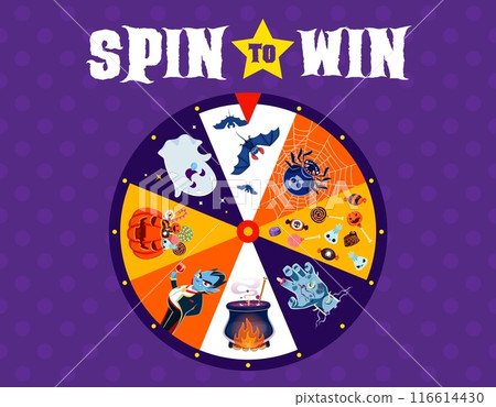 Halloween spin, fortune wheel roulette with cartoon horror holiday monsters characters. Vector trick or treat party casino game with spooky pumpkin, ghost, bats, Dracula vampire and witch cauldron Halloween spin, fortune wheel roulette with cartoon horror holiday monsters characters. Vector trick or treat party casino game with spooky pumpkin, ghost, bats, Dracula vampire and witch cauldron 116614430