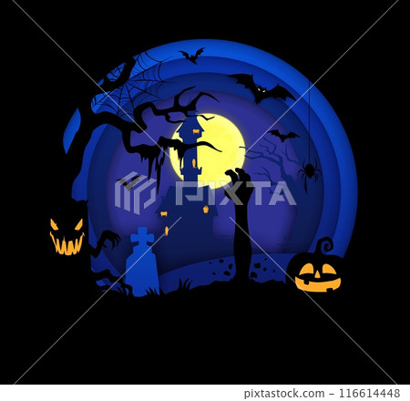 Halloween paper cut banner with scary pumpkin, dark forest and castle, zombie hand and bats. Vector 3d effect papercut frame with night graveyard tombs, scary jack lanterns, moon and spooky spiders Halloween paper cut banner with scary pumpkin, dark forest and castle, zombie hand and bats. Vector 3d effect papercut frame with night graveyard tombs, scary jack lanterns, moon and spooky spiders 116614448