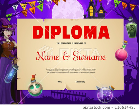 Halloween kids diploma with dark scary castle, potion bottles, witch and cemetery silhouette. Vector magic school certificate of achievement, award or diploma of Halloween trick or treat night holiday 116614453