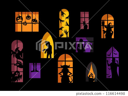 Scary silhouettes in Halloween windows. Creepy and spooky vector haunted house facade with pumpkin faces, witch, devil and ghosts, vampire, zombie, skeletal hands, black cat neighbors at horrible home 116614498