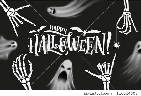 Halloween realistic ghosts and skeleton hands. Vector background with creepy spooks, skeletal arms, bats, spider hangs down eerie cobweb. Spine-tingling party banner that sends shivers down the spine Halloween realistic ghosts and skeleton hands. Vector background with creepy spooks, skeletal arms, bats, spider hangs down eerie cobweb. Spine-tingling party banner that sends shivers down the spine 116614505