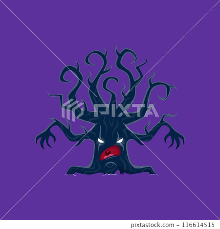 Cartoon Halloween scary tree character. Isolated vector creepy monster plant personage with cracked bark, gnarled limbs and roots, spooky eyes, horrible face, branch arms with long sharp talons 116614515