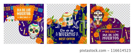 Big sale offer banners for Day of the Dead Mexican holiday, vector background. Dia de Los Muertos shop promotion and discount promo frames with Catrina calavera skull, maracas with marigold and cactus Big sale offer banners for Day of the Dead Mexican holiday, vector background. Dia de Los Muertos shop promotion and discount promo frames with Catrina calavera skull, maracas with marigold and cactus 116614523