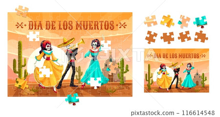 Day of the dead Mexican holiday jigsaw puzzle quiz game pieces. Dia de los muertos educational vector worksheet for preschool children with funny cartoon Catrina dancers and mariachi skeleton musician Day of the dead Mexican holiday jigsaw puzzle quiz game pieces. Dia de los muertos educational vector worksheet for preschool children with funny cartoon Catrina dancers and mariachi skeleton musician 116614548