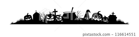 Halloween frame border and divider with vector silhouettes of horror pumpkins, witch hat, cemetery tombstone and crosses, witch potion cauldron and spooky tree. Halloween holiday web banner border Halloween frame border and divider with vector silhouettes of horror pumpkins, witch hat, cemetery tombstone and crosses, witch potion cauldron and spooky tree. Halloween holiday web banner border 116614551