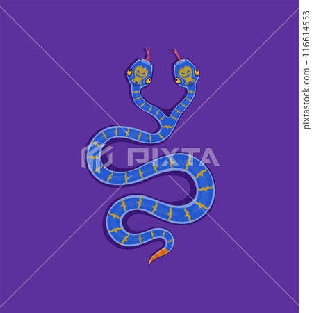 Cartoon Halloween double headed snake character. Halloween reptile with two heads, magic occult kingsnake personage with long tongues top view. Autumn holiday serpent embodies duality and mystery Cartoon Halloween double headed snake character. Halloween reptile with two heads, magic occult kingsnake personage with long tongues top view. Autumn holiday serpent embodies duality and mystery 116614553