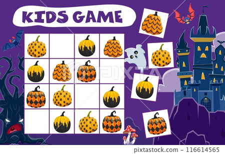 Kids Halloween sudoku game, patterned pumpkins. Vector riddle with cartoon painted gourds on checkered board. Educational task, children crossword teaser for spare time activity, recreation boardgame Kids Halloween sudoku game, patterned pumpkins. Vector riddle with cartoon painted gourds on checkered board. Educational task, children crossword teaser for spare time activity, recreation boardgame 116614565