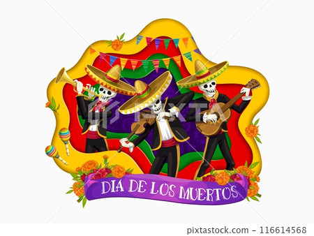 Day of the Dead mariachi musicians band in paper cut shape for Mexican holiday, vector banner. Dia De Los Muertos skeletons in sombrero with violin, guitar or trumpet and marigold flowers in paper cut 116614568