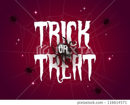 Trick or treat Halloween spiders and cobweb vector holiday banner. Burgundy background with spooky and intricate spiderweb, sparks and crawling insects. Card for eerie trick-or-treat festivities 116614571