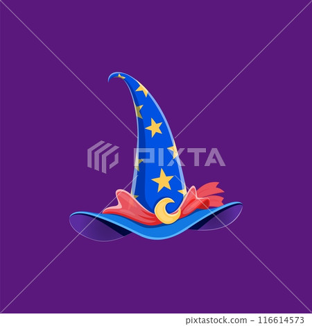 Cartoon Halloween witch hat with stars, moon buckle and playful pink bow. Isolated vector whimsical blue astrologer cap with wide brim. Enchanting accessory for a bewitching look on All Hallows Eve 116614573