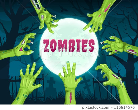 Zombie hands on midnight Halloween cemetery. Vector banner with green arms emerge from graves in spooky graveyard, their decaying fingers reaching for the living, creating an eerie and chilling scene Zombie hands on midnight Halloween cemetery. Vector banner with green arms emerge from graves in spooky graveyard, their decaying fingers reaching for the living, creating an eerie and chilling scene 116614576