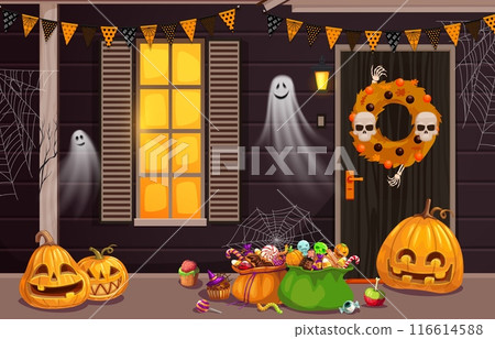 Halloween sweets on holiday door porch with pumpkins and ghosts, cartoon vector. Halloween horror night and trick or treat party spooky decorations on house door, candy sweets in spiderweb and skull Halloween sweets on holiday door porch with pumpkins and ghosts, cartoon vector. Halloween horror night and trick or treat party spooky decorations on house door, candy sweets in spiderweb and skull 116614588