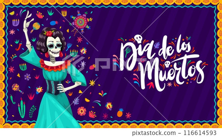 Mexican day of the dead Catrin character, dia de los Muertos holiday banner. Vector greeting card for Latin Halloween celebration with female skeleton wear long dress dancing fiery flamenco dance 116614593