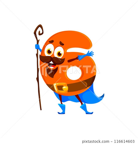 Cartoon halloween math number six wizard character. School math digit sorcerer, kids education number funny magician or digit Halloween wizard isolated vector comical personage with magical staff 116614603