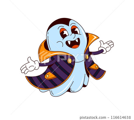 Cartoon groovy Halloween ghost character as vampire for horror night holiday, vector funny boo. Groovy cute ghost Dracula vampire, cartoon character for Halloween trick or treat party Cartoon groovy Halloween ghost character as vampire for horror night holiday, vector funny boo. Groovy cute ghost Dracula vampire, cartoon character for Halloween trick or treat party 116614638