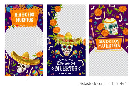 Day of Dead Mexican holiday social media templates for Dia de Los Muertos, vector frames. Sugar calavera skulls with marigold flowers and papel picado flags for Day of Dead in social media posts Day of Dead Mexican holiday social media templates for Dia de Los Muertos, vector frames. Sugar calavera skulls with marigold flowers and papel picado flags for Day of Dead in social media posts 116614641