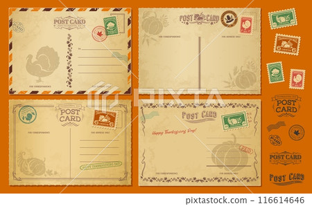 Thanksgiving day vintage antique postcards with postage stamps, vector for retro mail envelopes. Thanksgiving holiday greeting cards with pumpkins, turkey and cornucopia harvest on vintage postcards 116614646