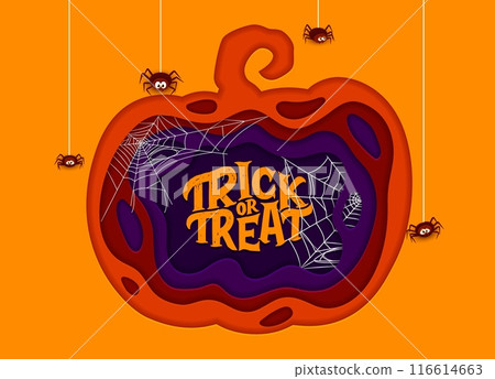 Halloween paper cut pumpkin with spiders and cobweb. Vector holiday background with cartoon insects inside of jack lantern shape. 3d papercut frame with trick or treat typography and funny spiders 116614663