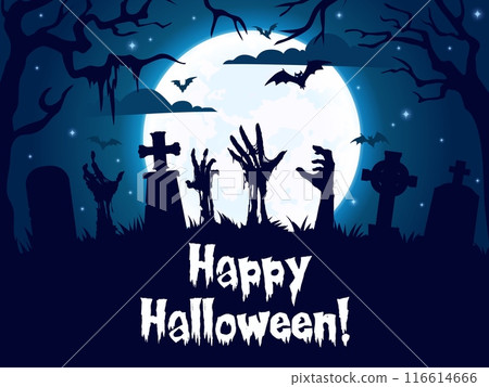 Halloween zombie hands silhouettes on cemetery. Vector banner with night graveyard and sticking arms on full moon background with tombs, scary bats, and creepy trees. Cartoon spooky greeting card 116614666