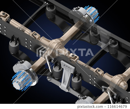 Technical illustration of truck ladder frame, air suspension and brake system on black background Technical illustration of truck ladder frame, air suspension and brake system on black background 116614679