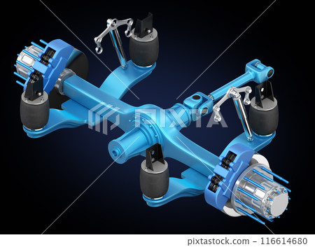 Technical illustration of truck air suspension and brake system on black background Technical illustration of truck air suspension and brake system on black background 116614680
