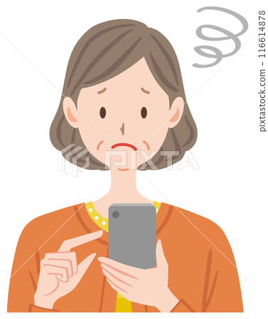 Illustration of a middle-aged woman operating a smartphone. I don't know how to use it. I'm in trouble. Illustration of a middle-aged woman operating a smartphone. I don't know how to use it. I'm in trouble. 116614878