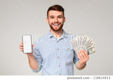 Freelance work. Handsome guy with cellphone with blank screen and fan of dollars on grey studio background, mockup 116614913