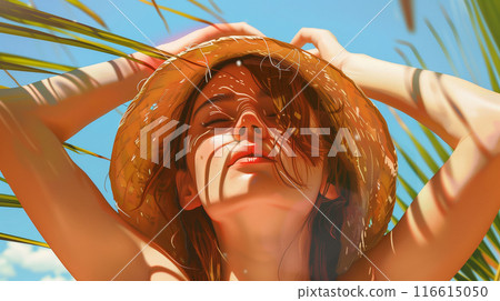 Young woman sweating in the hot sun Young woman sweating in the hot sun 116615050